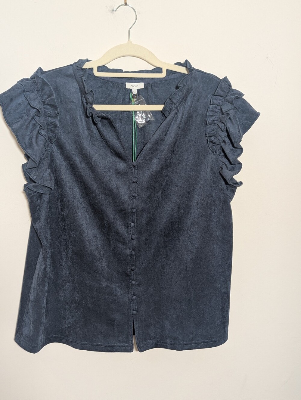 VOY Wandering Waves Blue Faux Suede Ruffle Sleeve Top Size L NWT